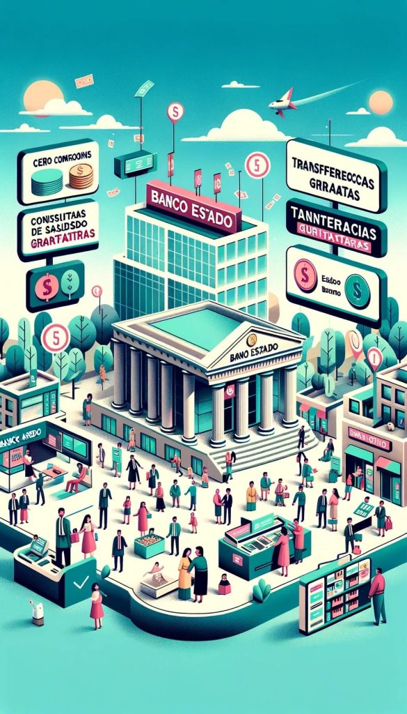 Ilustración del paisaje bancario en evolución con un edificio bancario prominente rotulado "Banco Estado". A su alrededor, personas de diversa procedencia
